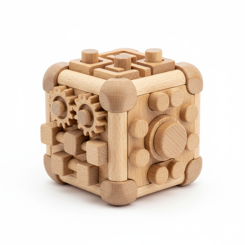 6-sided wooden fidget puzzle cube on white background