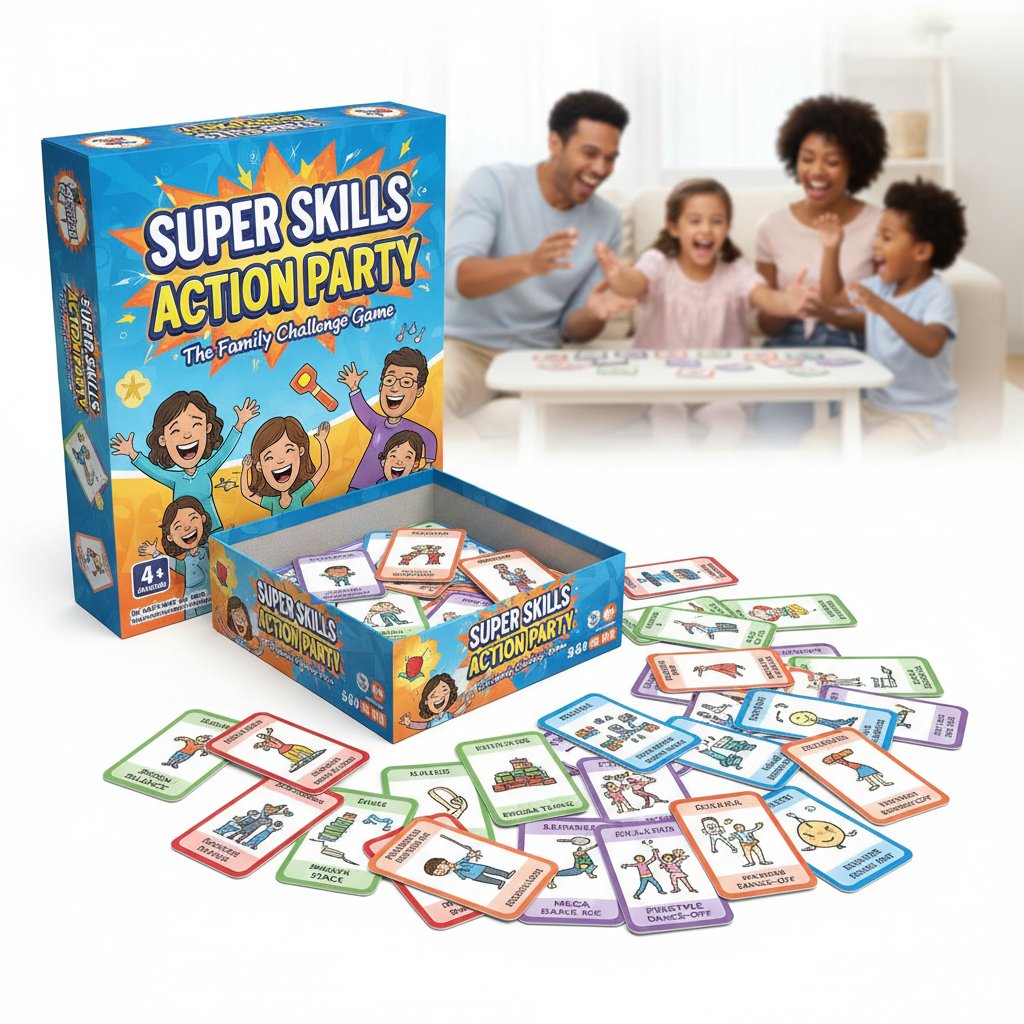Super Skills action party game box with challenge cards on white background