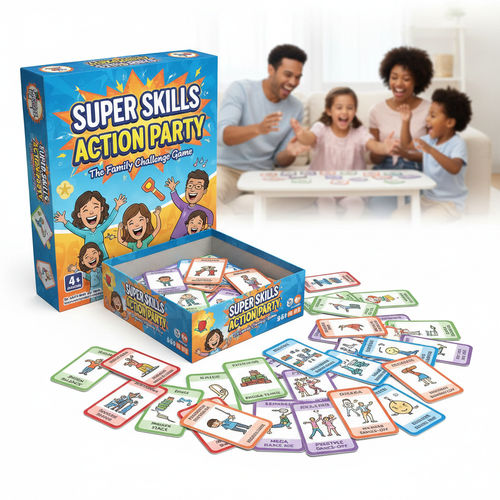Super Skills action party game box with challenge cards on white background